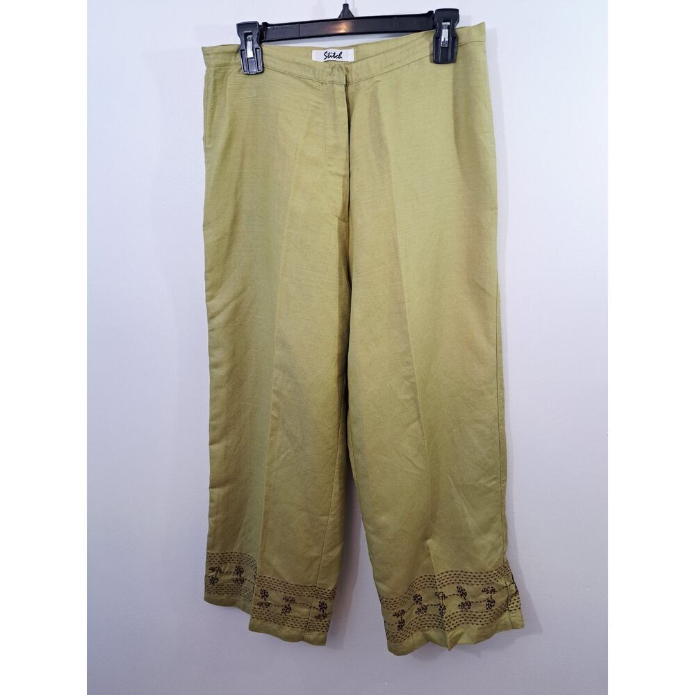 Stitch Women's Green High-Rise Straight Leg Pants Size 10 Baggy Fit Embroiderd